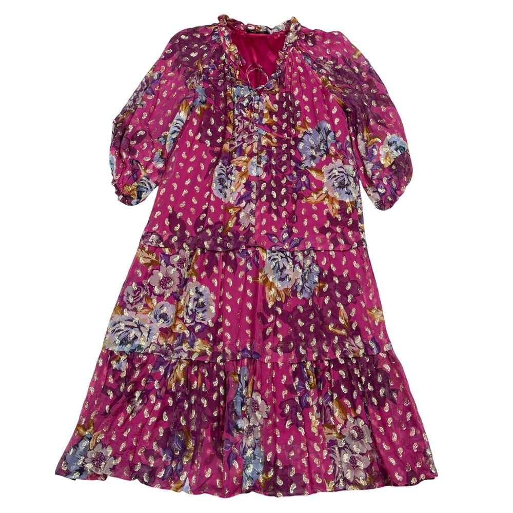 Kobi Halperin Floral Tiered Midi Dress Womens S Pink Gold Metallic KU2D43 Boho